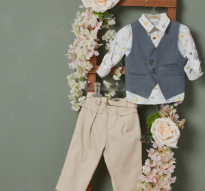 Bαπτιστικά ρούχα αγόρι κοστουμι γιλεκο Μάκης Τσέλιος μπλέ