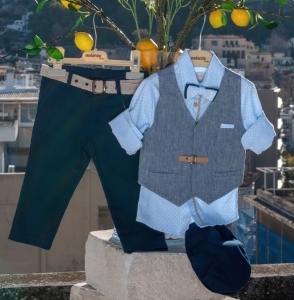 Βαπτιστικο κουστούμι Aslanis Ασλάνης γιλέκο γιά αγόρι ολοκληρωμένο πακέτο βάπτισης γκρί μπλέ