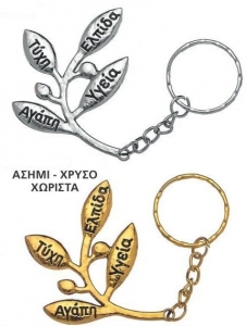 μπομπονιερα βάπτισης  μπρελοκ μεταλλικο χρυσο και ασημι κλαδί ελιάς ευχές