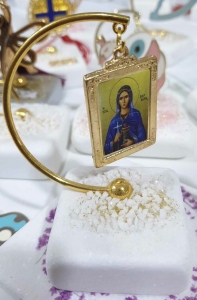 Μπομπονιερα βαπτισης γάμου βοτσαλο μεταλλική εικόνα Παναγία Χριστός