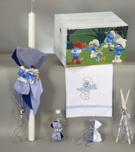 Σετ set βαπτισης αγόρι ξυλινο μπαούλο smurf στρουμφάκι