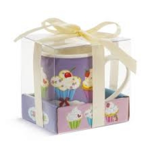 μπομπονιερα βαπτισης κουπα πορσελανινη cupcakes σε χάρτινο διαφανές κουτί