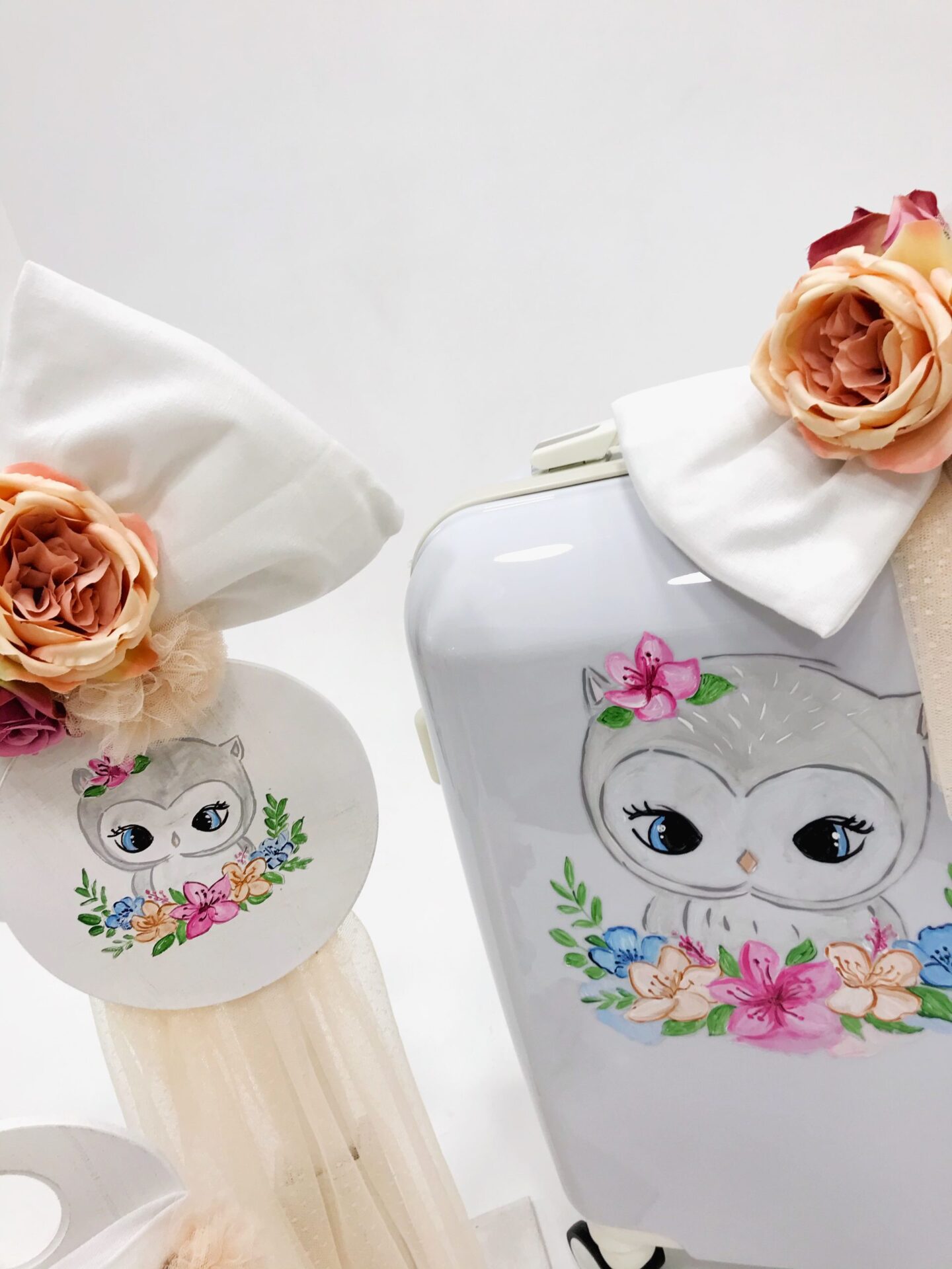 Σέτ βαπτισης κορίτσι Ελενα Μανάκου τρολεϋ Oh my owl Κουκουβάγια
